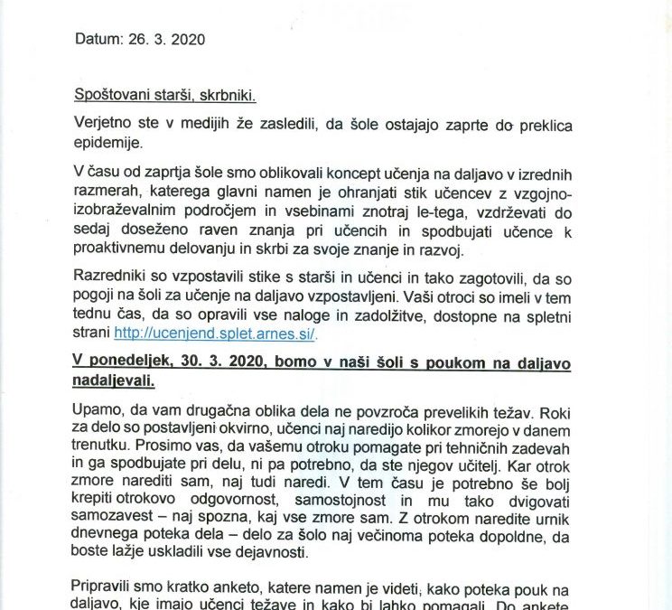 NADALJEVANJE s poukom na daljavo v OŠ Senovo